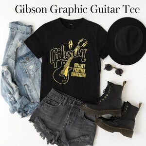 Gibson Graphic Guitar Tee Black S — Retro Rock Band Music T-Shirt
